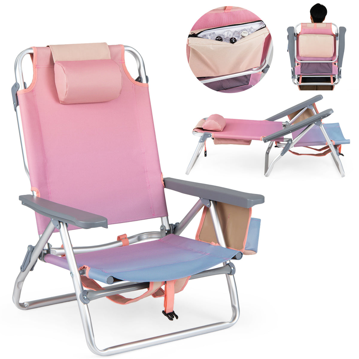 Folding Beach Chair Set of 2 with 5-Position Backrest – Gradient Pink