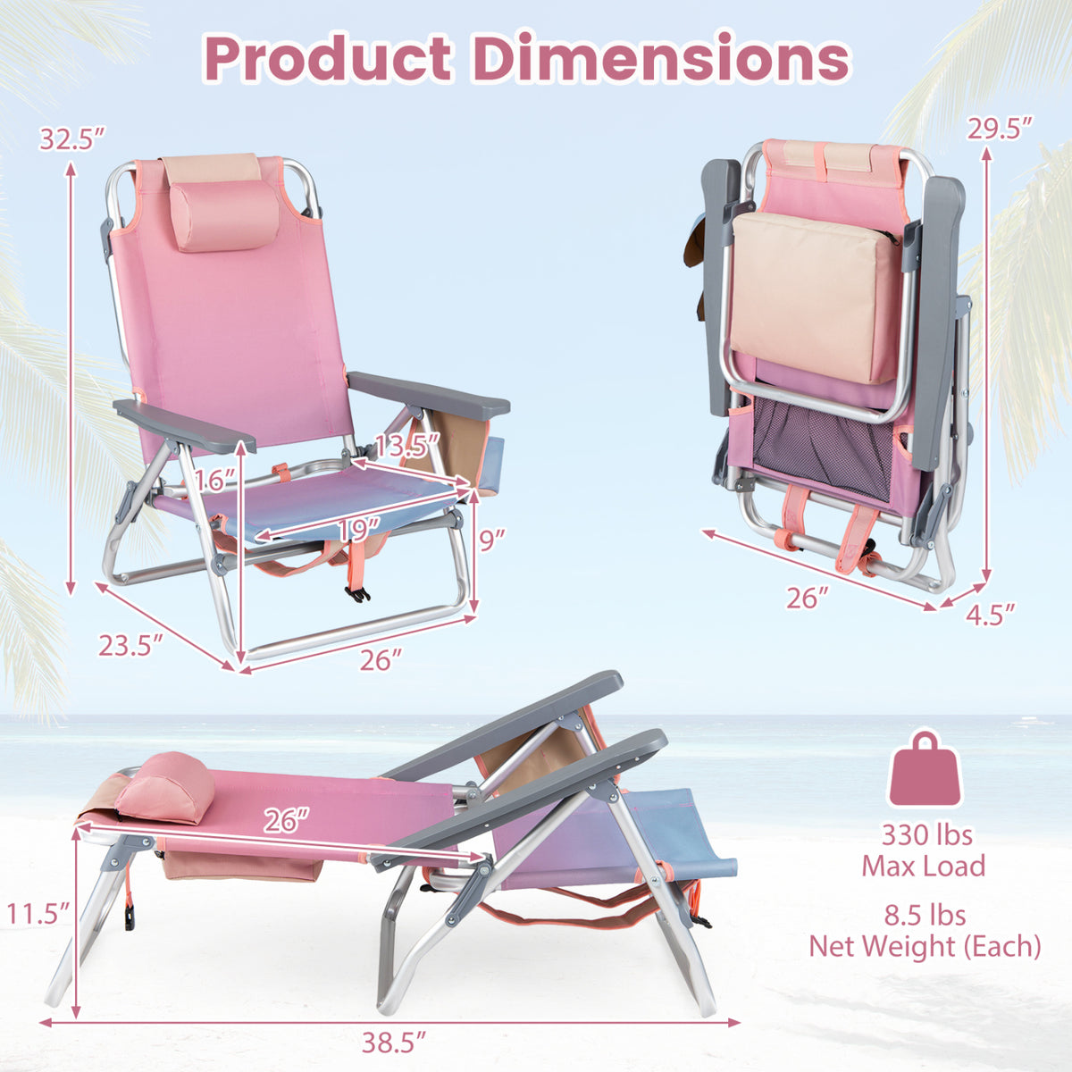 Folding Beach Chair Set of 2 with 5-Position Backrest – Gradient Pink