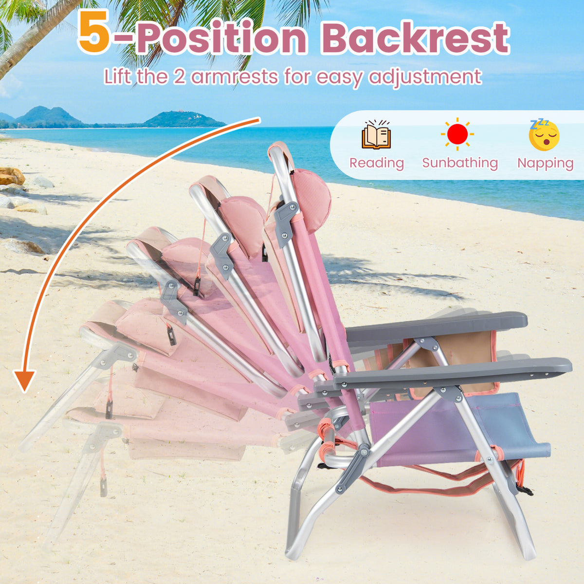 Folding Beach Chair Set of 2 with 5-Position Backrest – Gradient Pink