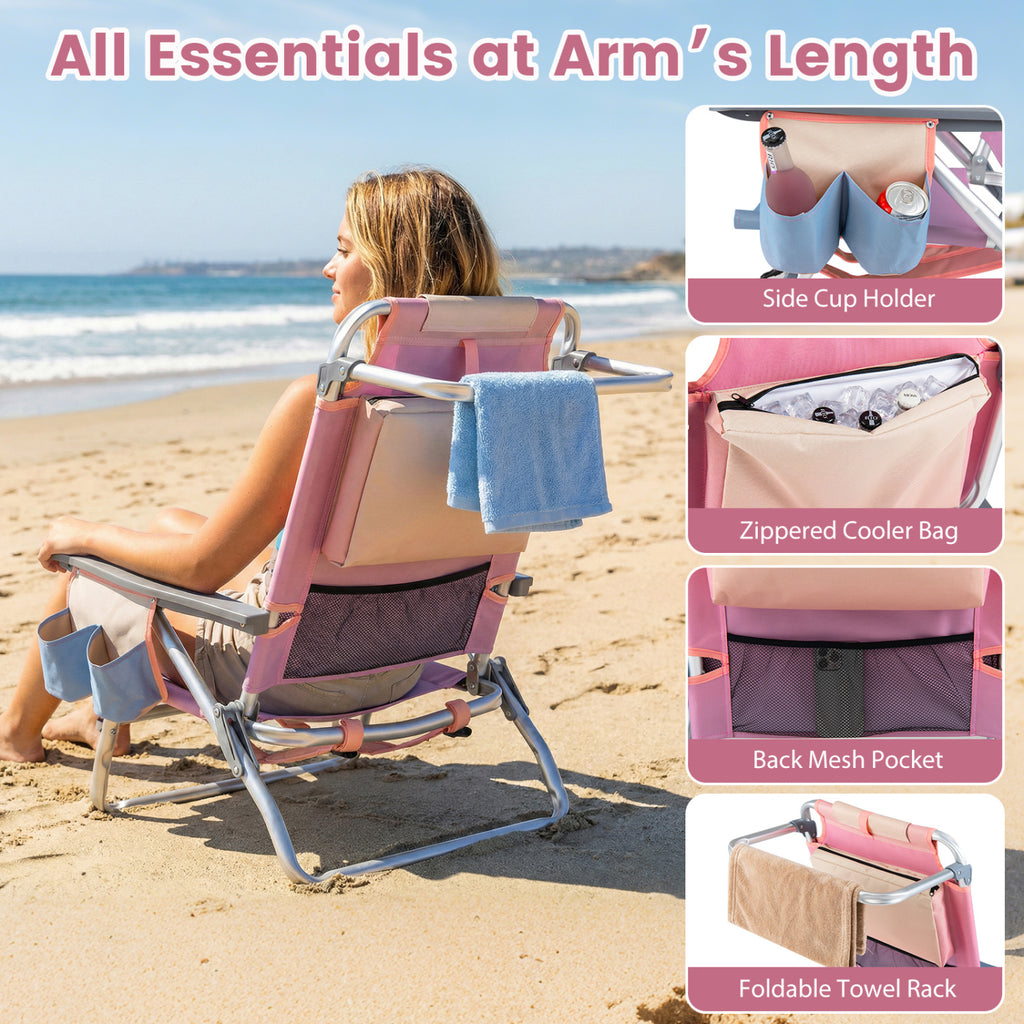 Folding Beach Chair Set of 2 with 5-Position Backrest – Gradient Pink