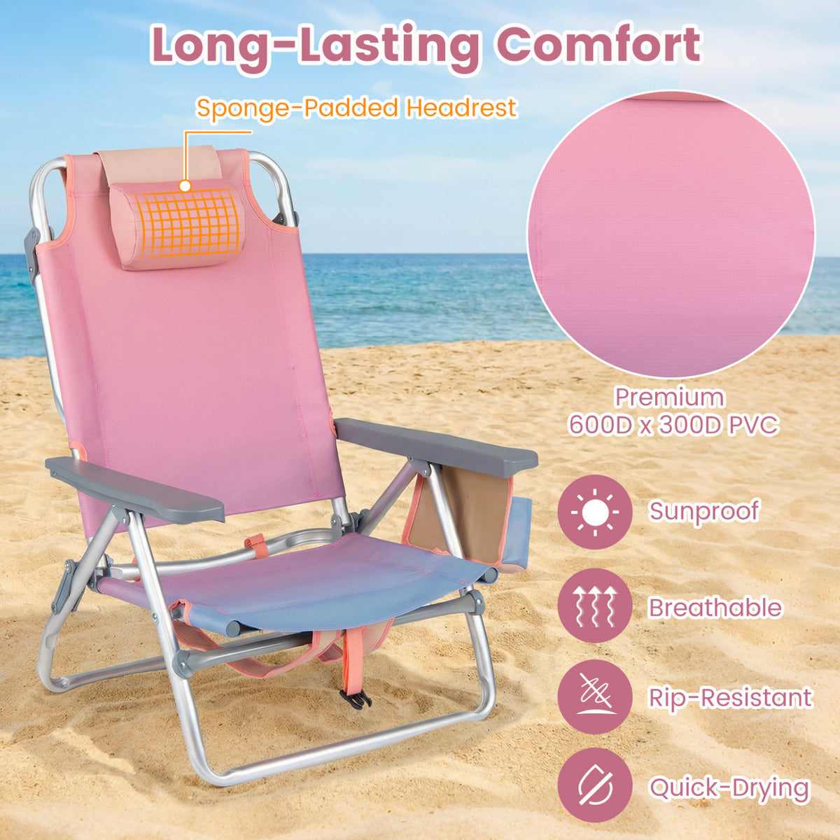 Folding Beach Chair Set of 2 with 5-Position Backrest – Gradient Pink