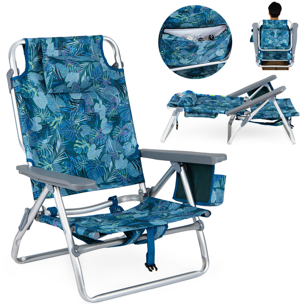 Beach Chairs Set of 2 Portable Folding Backpack Recliners with