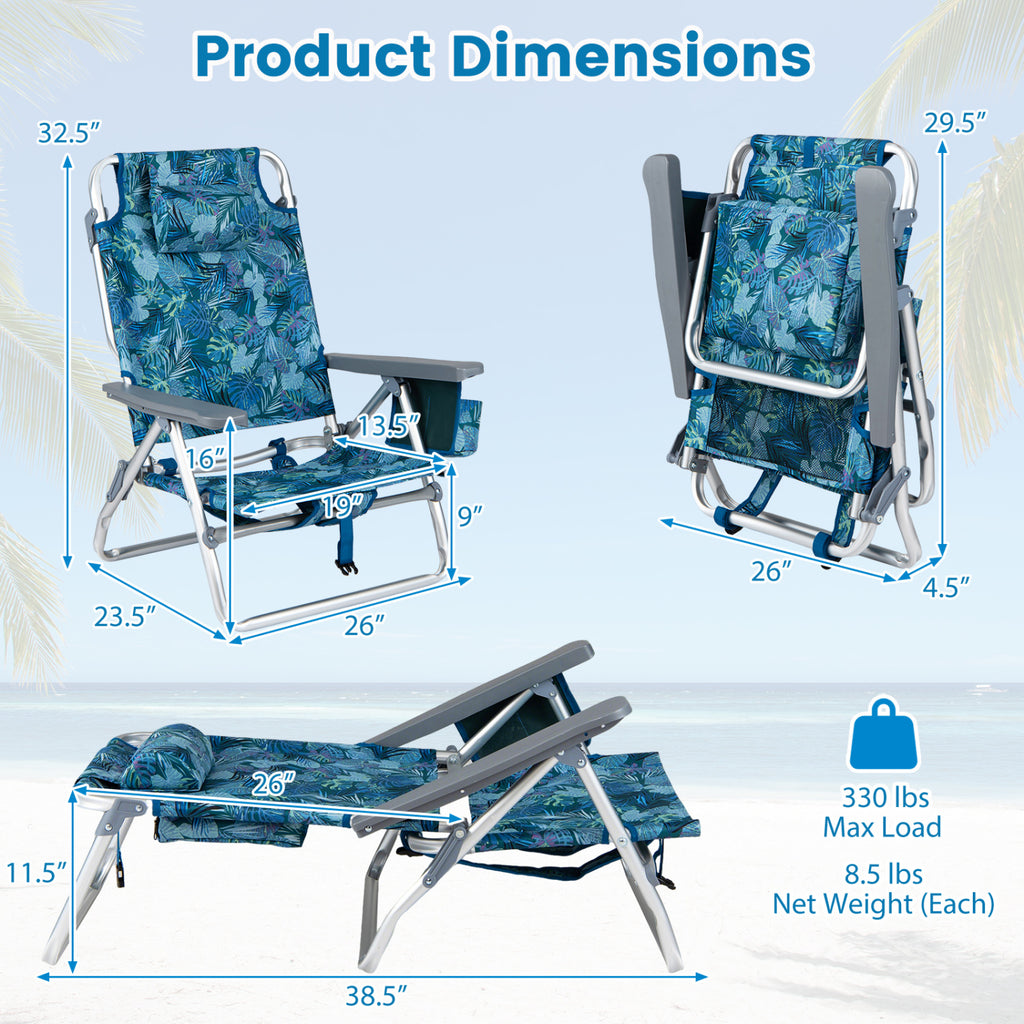 Folding Beach Chairs Set of 2 - Peacock Blue Recliners