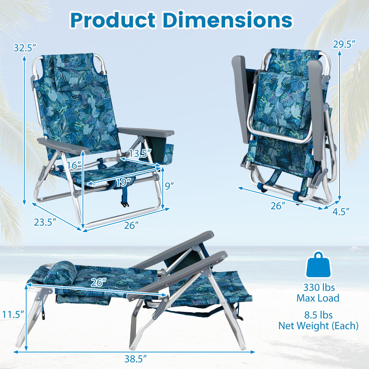 Folding Beach Chairs Set of 2 - Peacock Blue Recliners