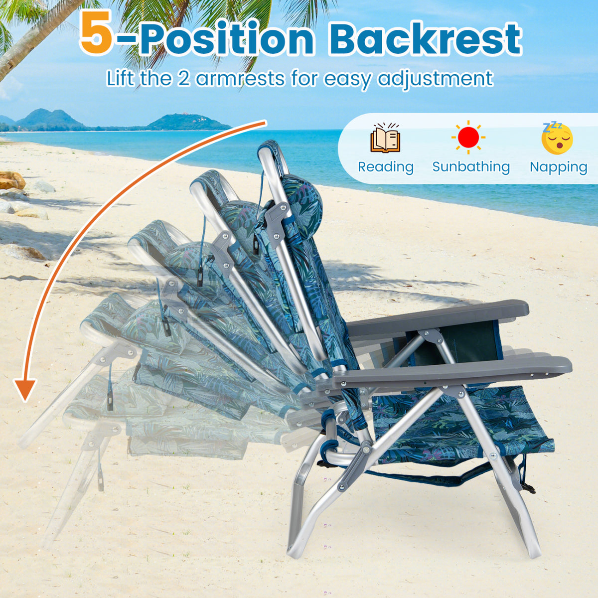 Folding Beach Chairs Set of 2 - Peacock Blue Recliners