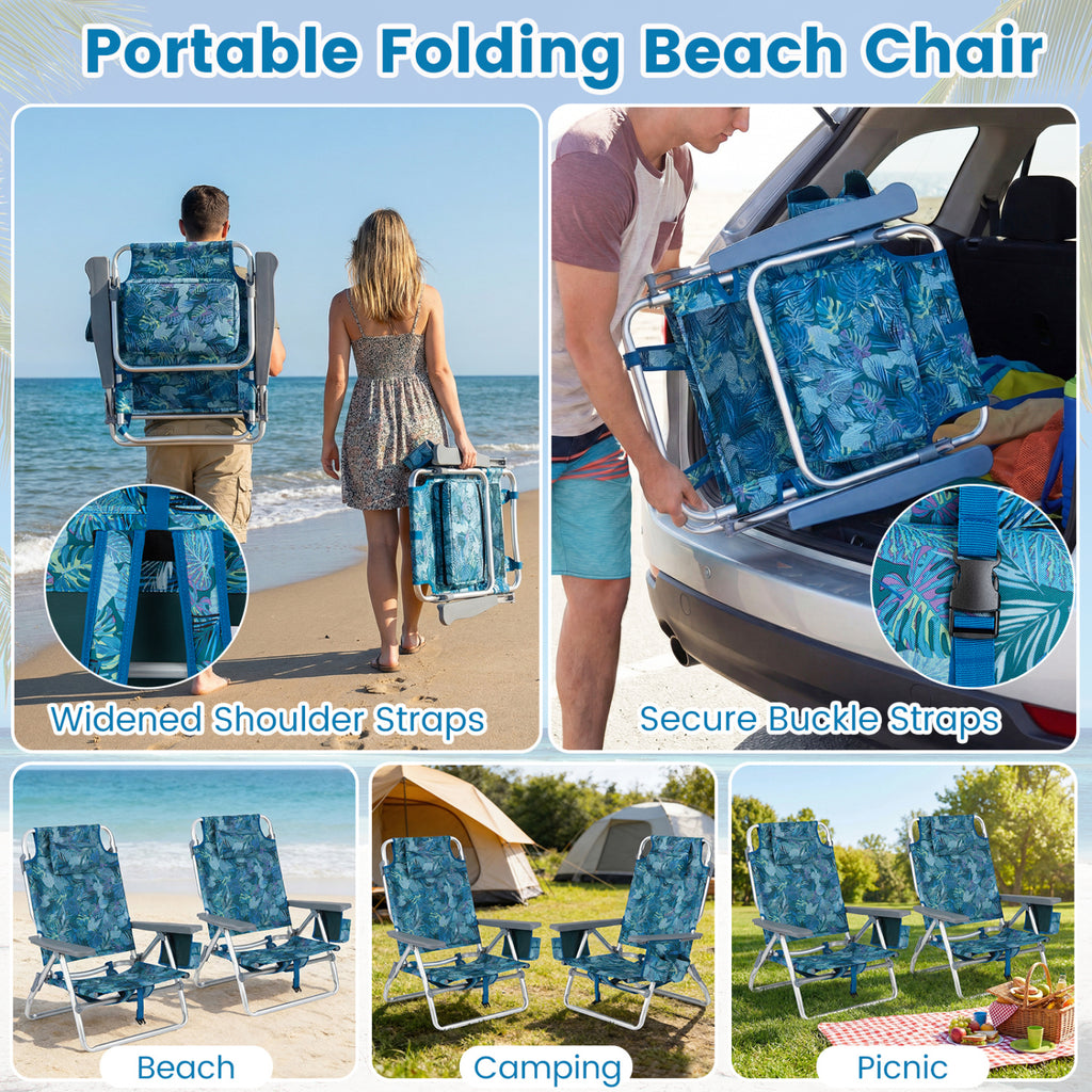 Folding Beach Chairs Set of 2 - Peacock Blue Recliners