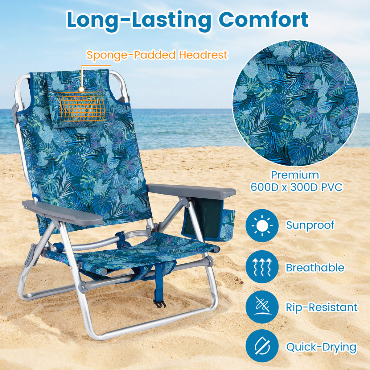 Beach Chairs Set of 2 Portable Folding Backpack Recliners with
