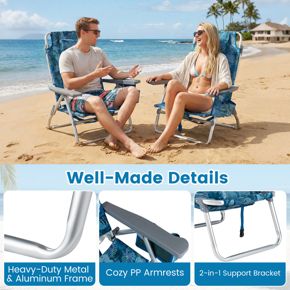Beach Chairs Set of 2 Portable Folding Backpack Recliners with