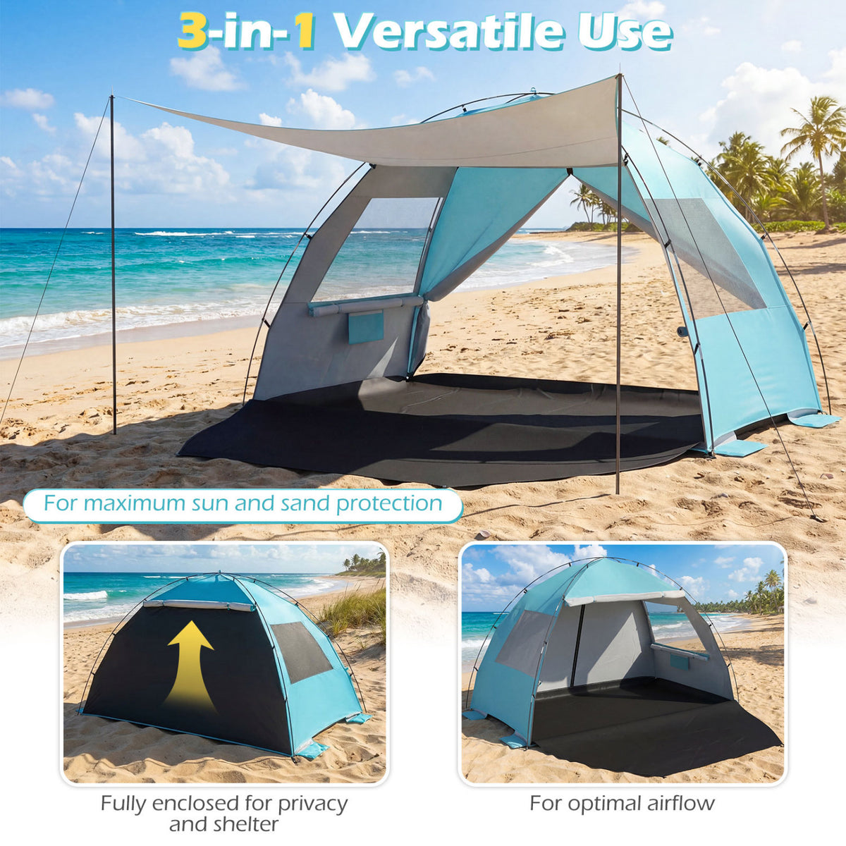 Beach Tent Sun Shelter with Extended Floor - 87" x 59" Blue