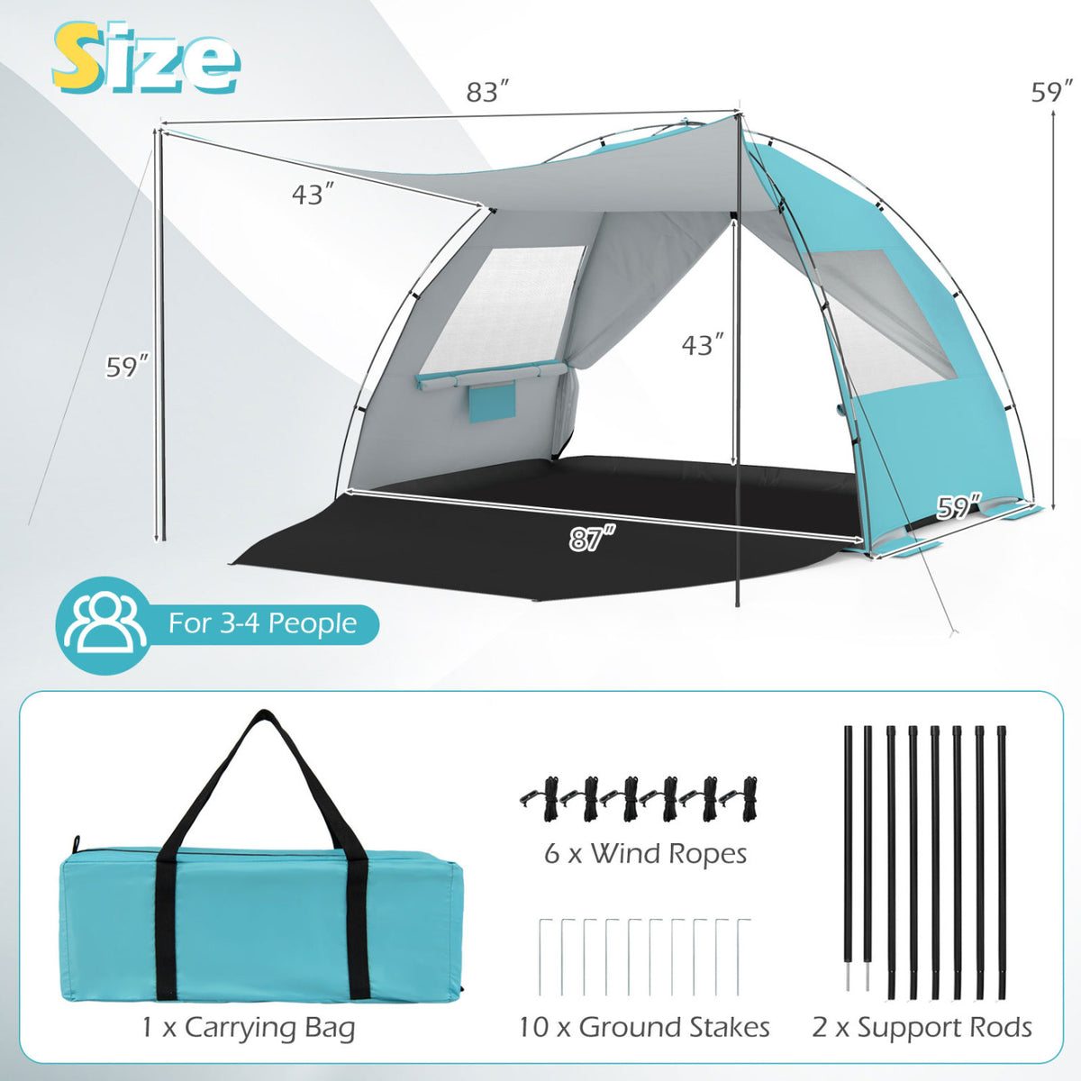 Beach Tent Sun Shelter with Extended Floor - 87" x 59" Blue