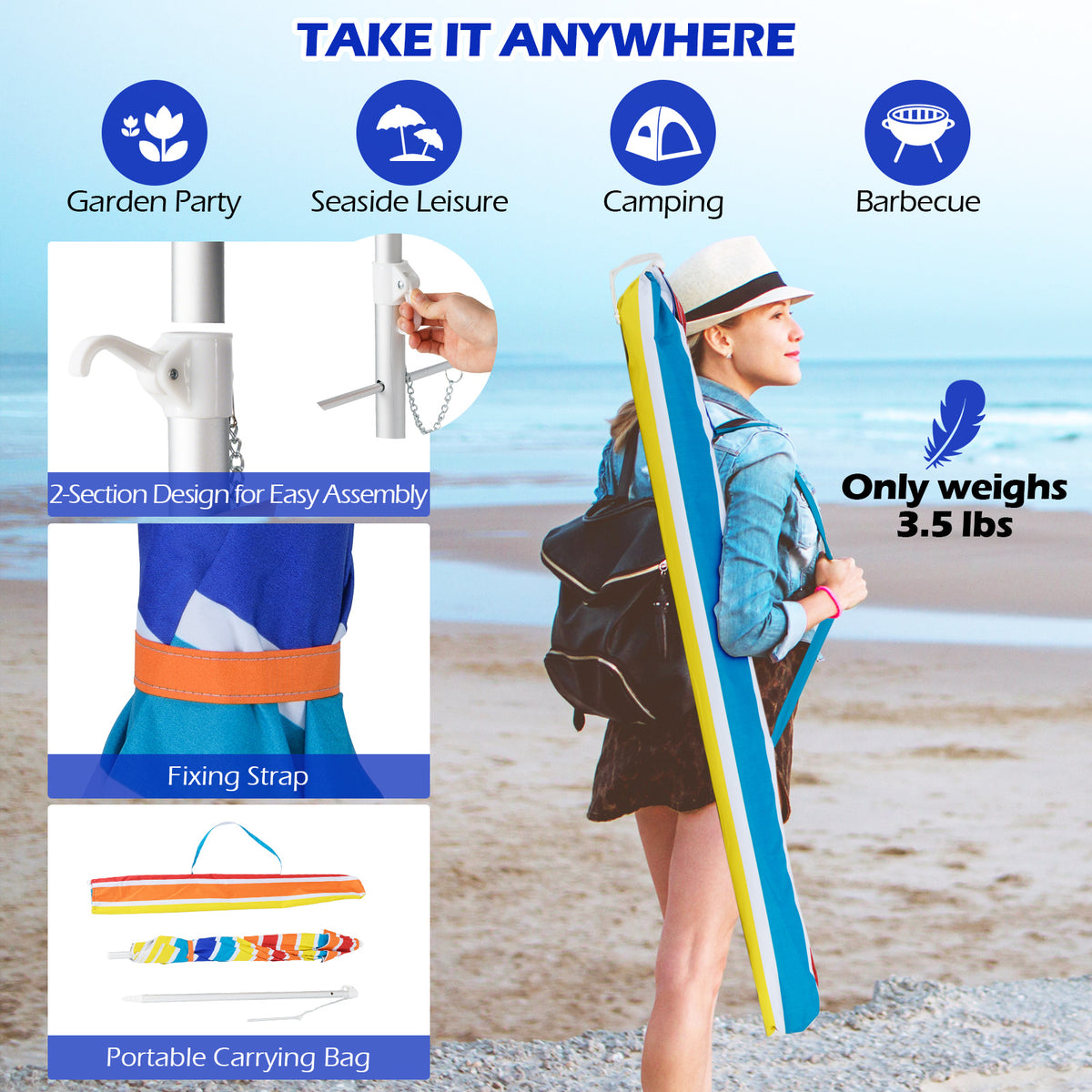 6.5 Feet Beach Umbrella with Carry Bag without Weight Base
