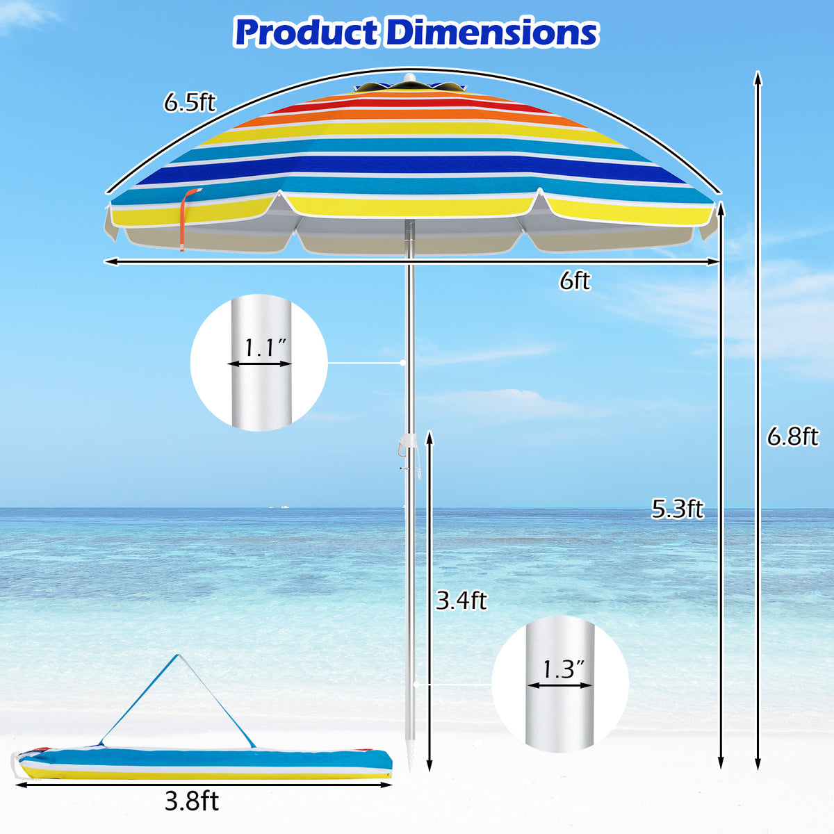 6.5 Feet Beach Umbrella with Carry Bag without Weight Base