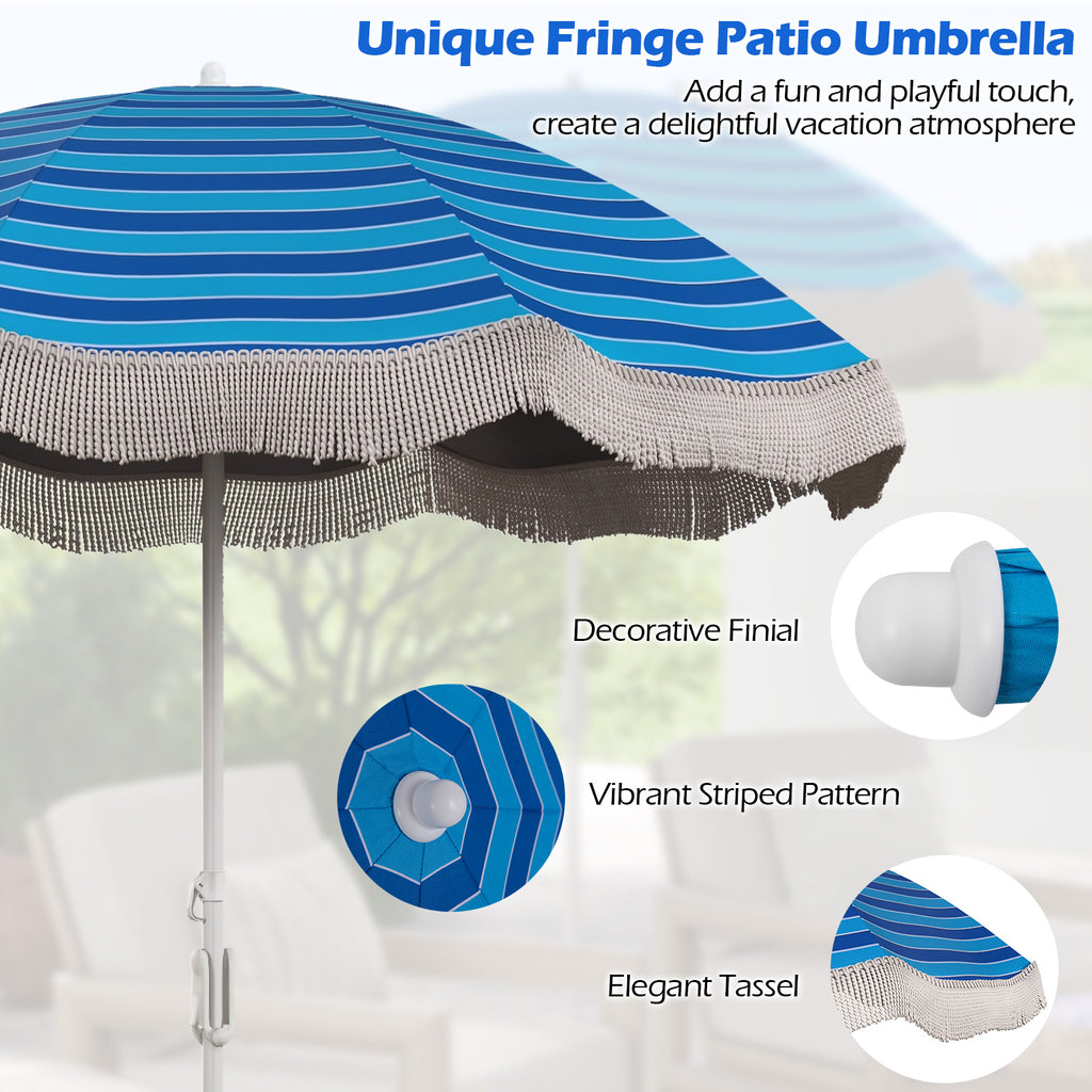 6.5 FT Beach Umbrella with Fringe Outdoor Tassel Push Button Tilt