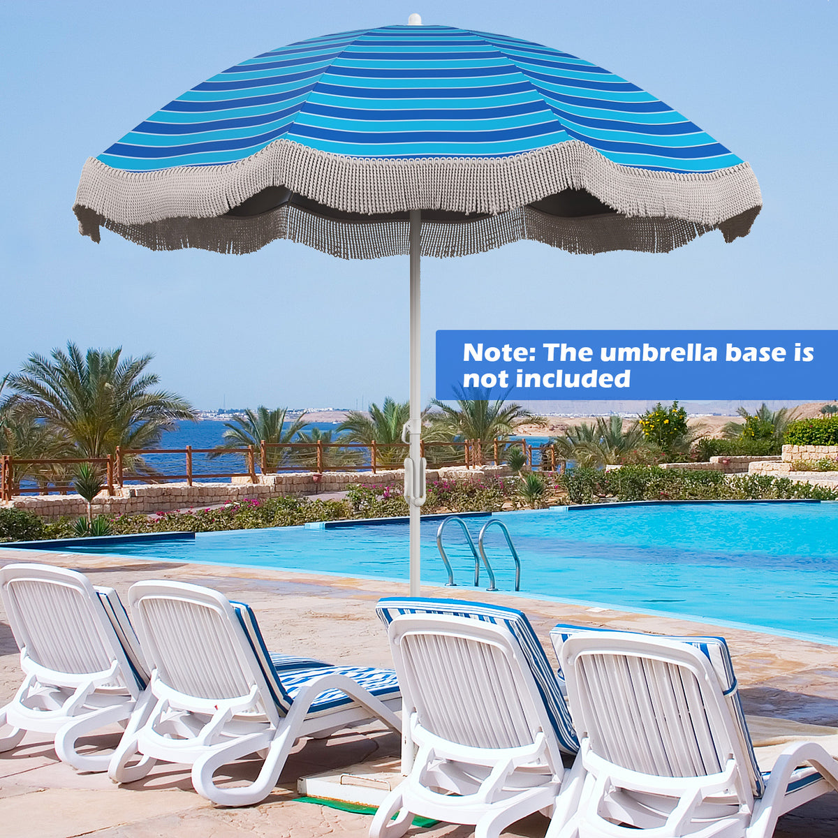 6.5 FT Beach Umbrella with Fringe Outdoor Tassel Push Button Tilt