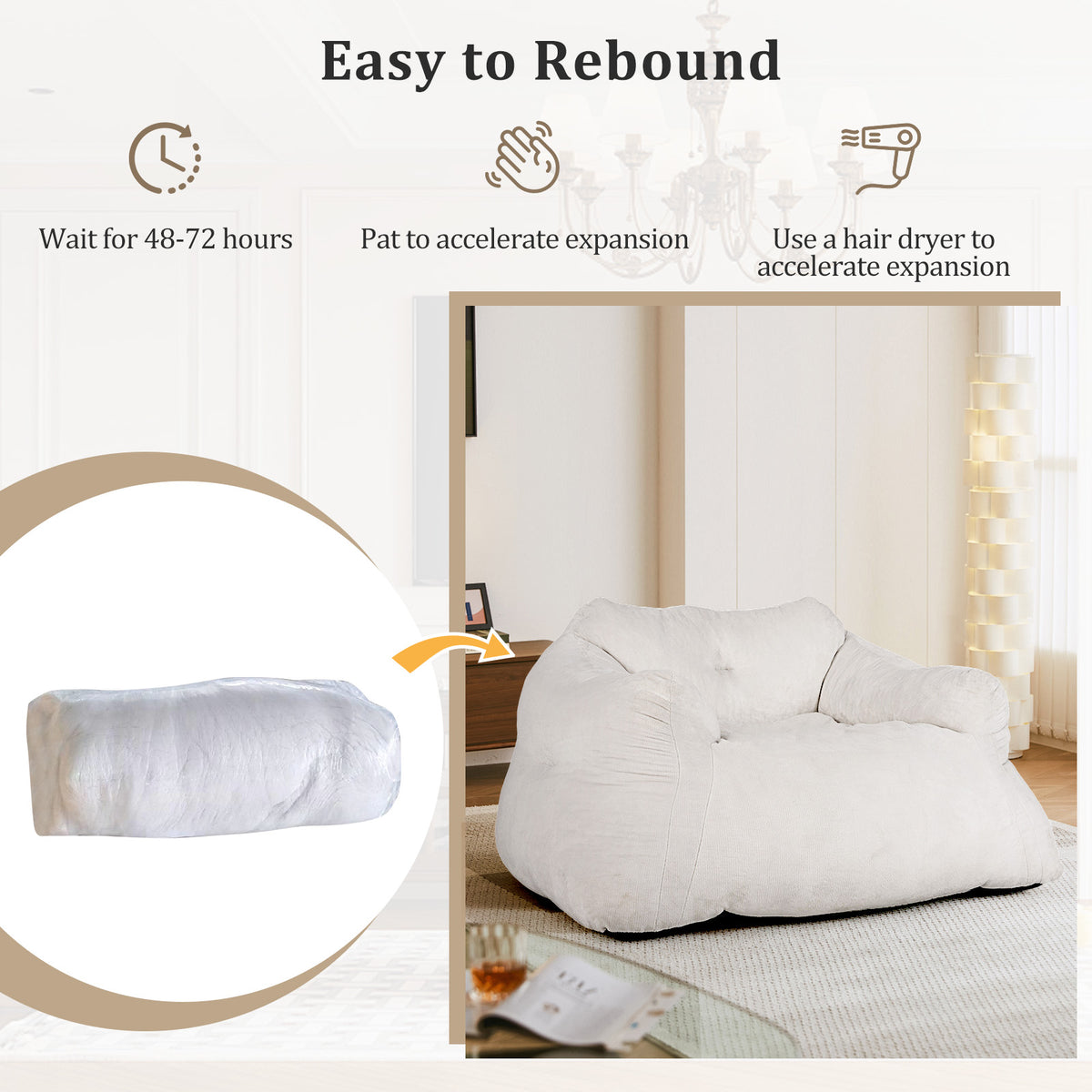 Bean Bag Chair Plush Lazy Sofa Velvet Cover – Beige