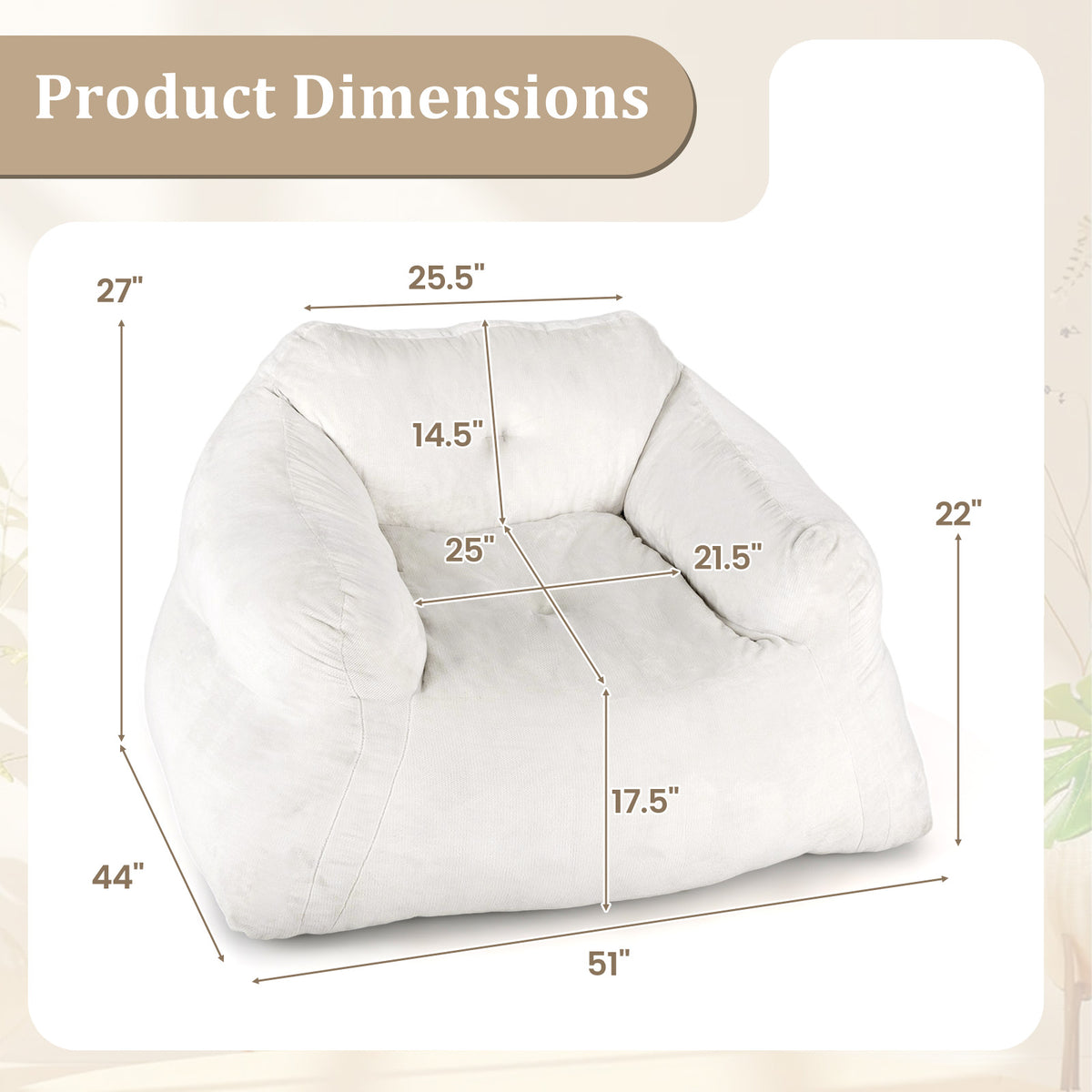 Bean Bag Chair Plush Lazy Sofa Velvet Cover – Beige