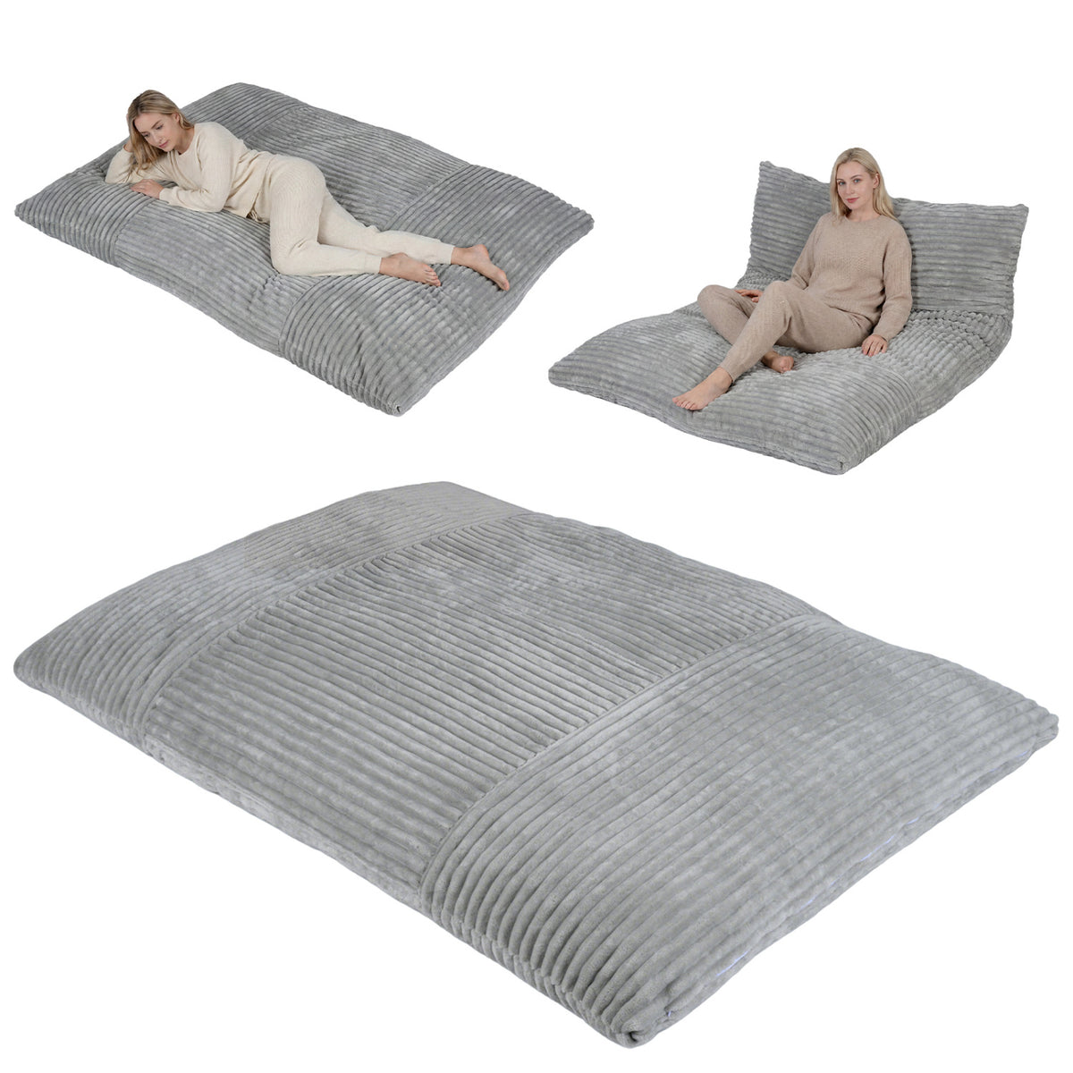 3-in-1 Bean Bag Chair Lounger with Corduroy Fabric - 73 Inch Gray