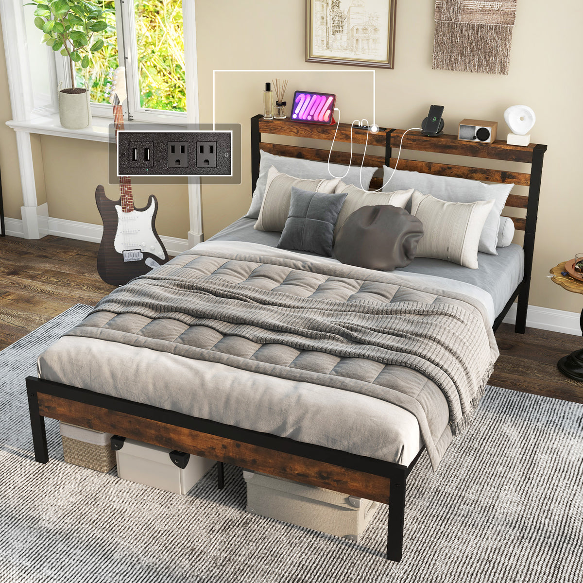 Queen Size Bed Frame with Charging Station and Storage Headboard