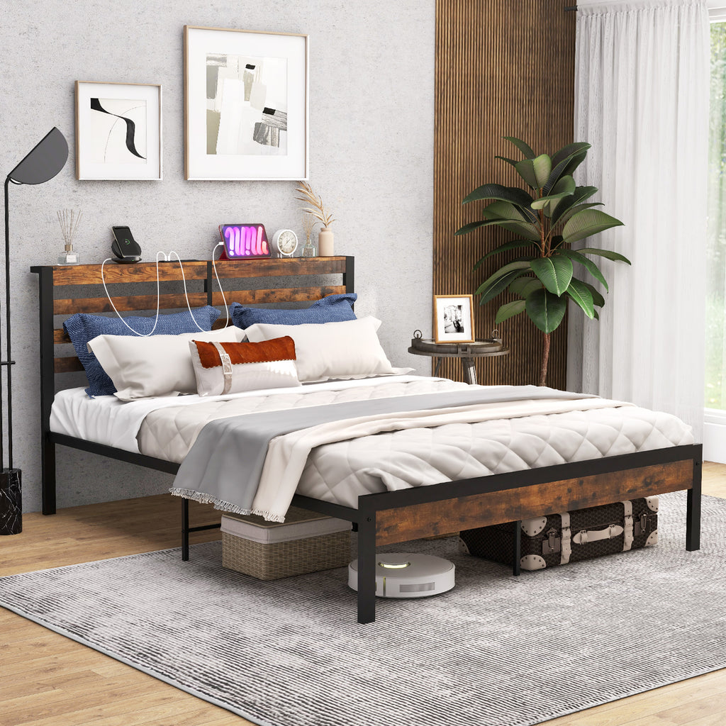 Queen Size Bed Frame with Charging Station and Storage Headboard