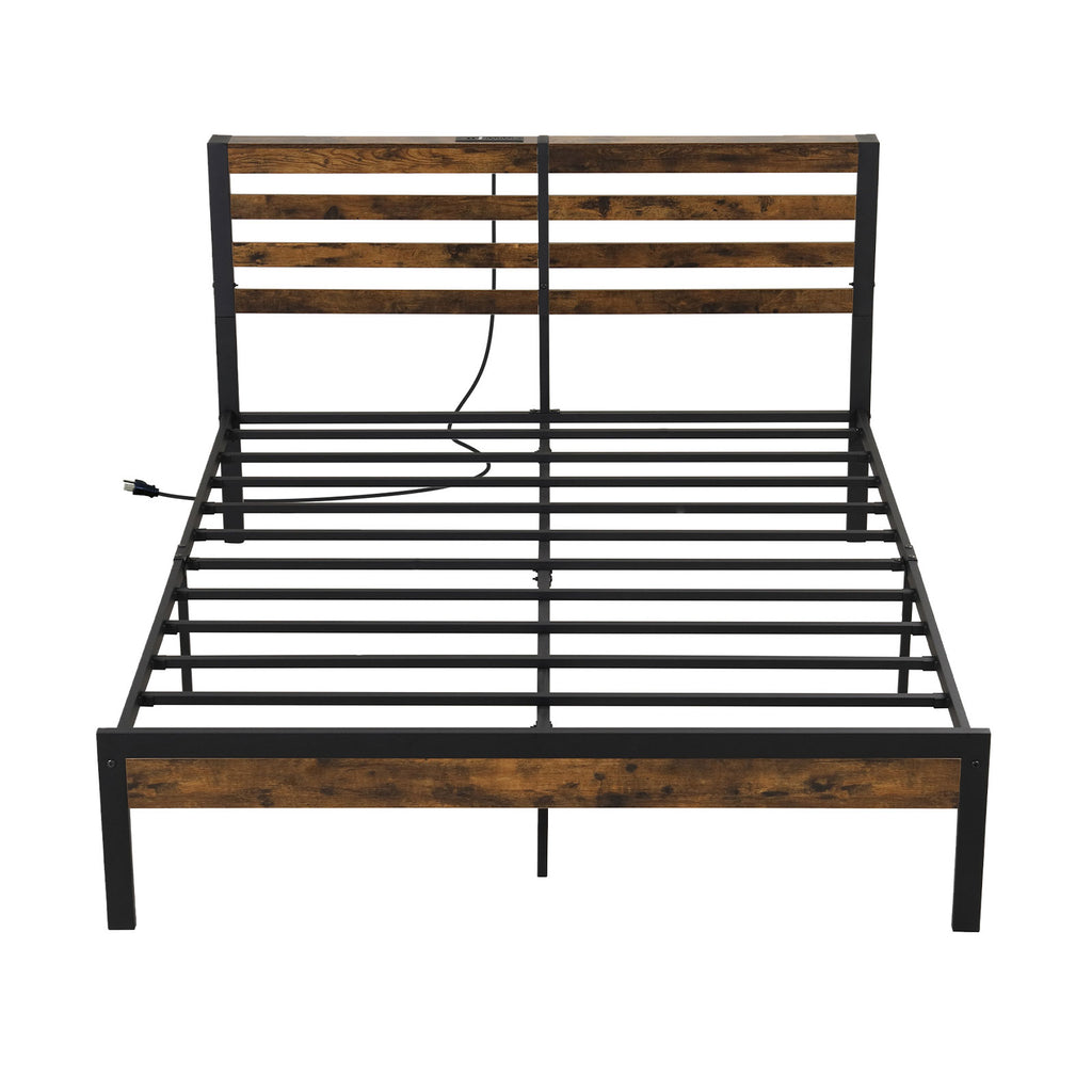 Queen Size Bed Frame with Charging Station and Storage Headboard