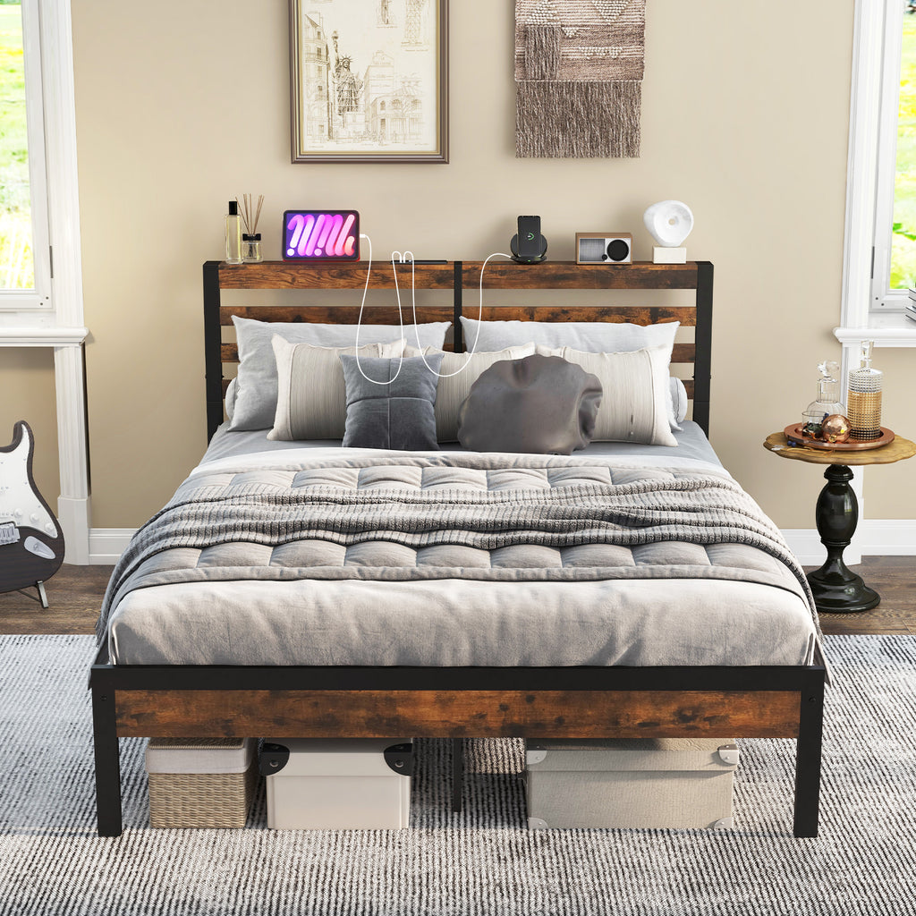 Queen Size Bed Frame with Charging Station and Storage Headboard
