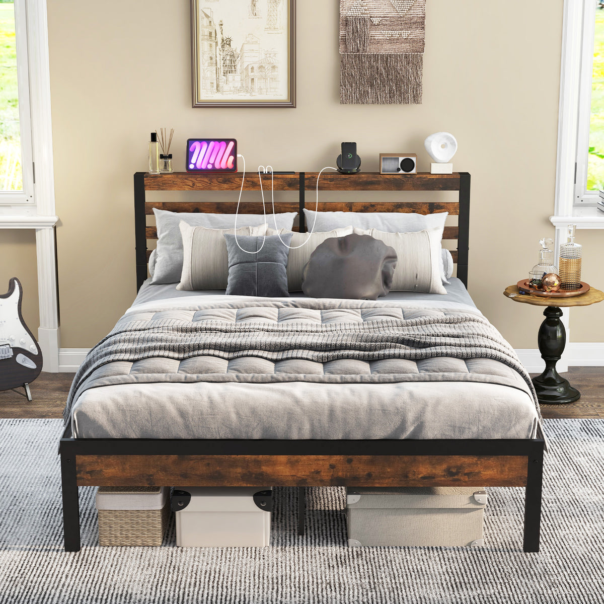 Queen Size Bed Frame with Charging Station and Storage Headboard