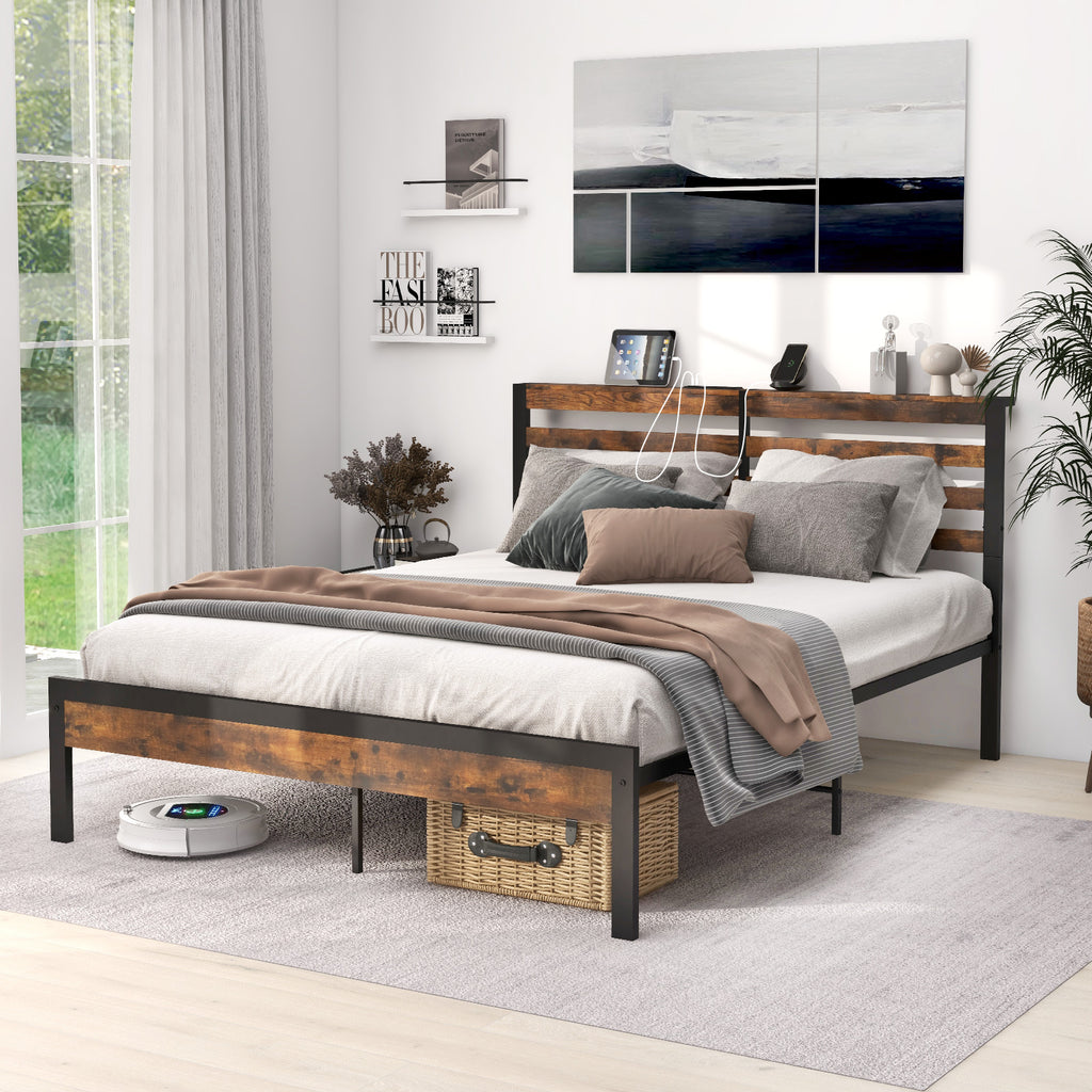 Queen Size Bed Frame with Charging Station and Storage Headboard