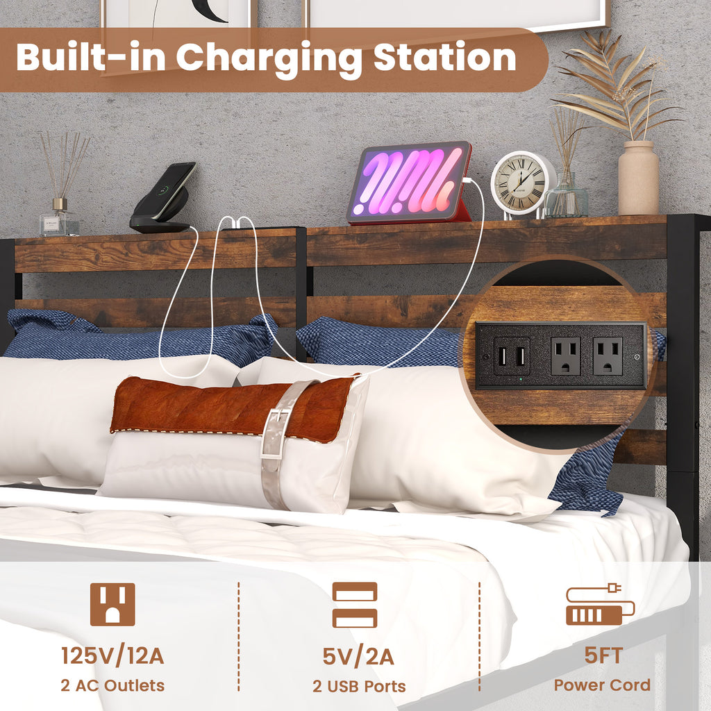 Queen Size Bed Frame with Charging Station and Storage Headboard