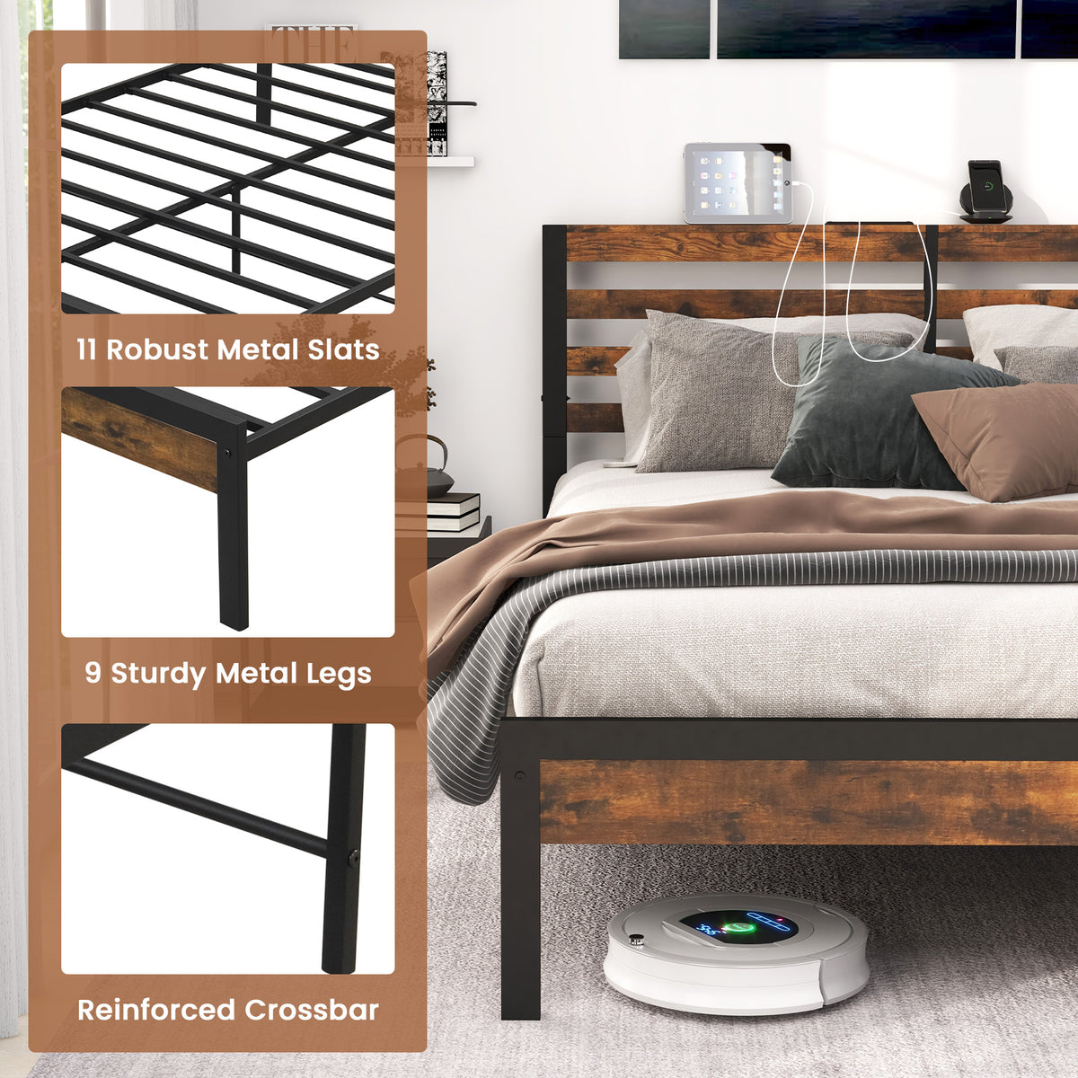 Queen Size Bed Frame with Charging Station and Storage Headboard
