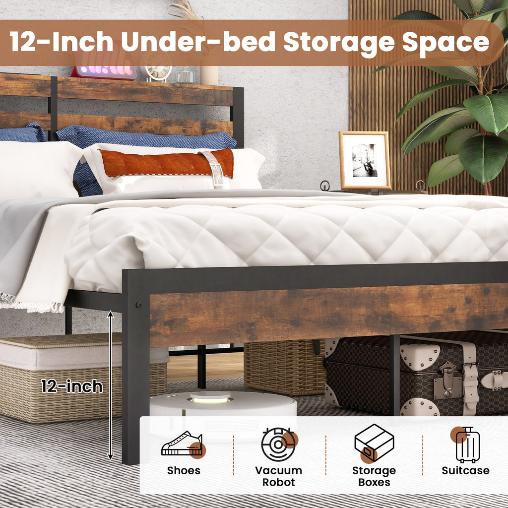 Queen Size Bed Frame with Charging Station and Storage Headboard