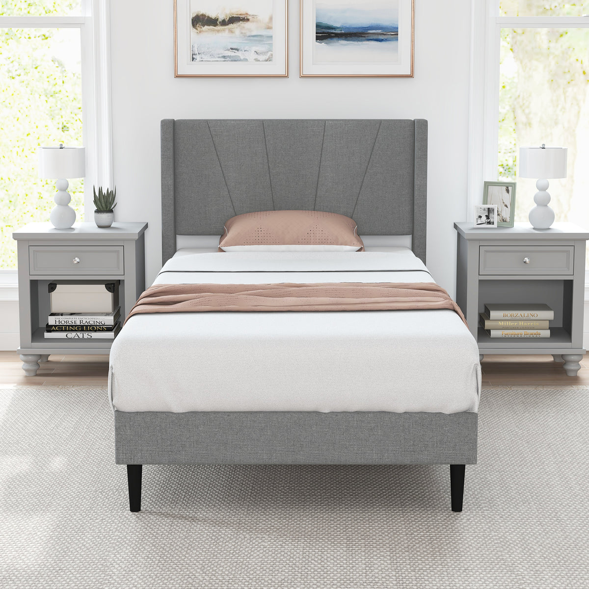 Twin Linen Upholstered Wingback Bed Frame with Storage