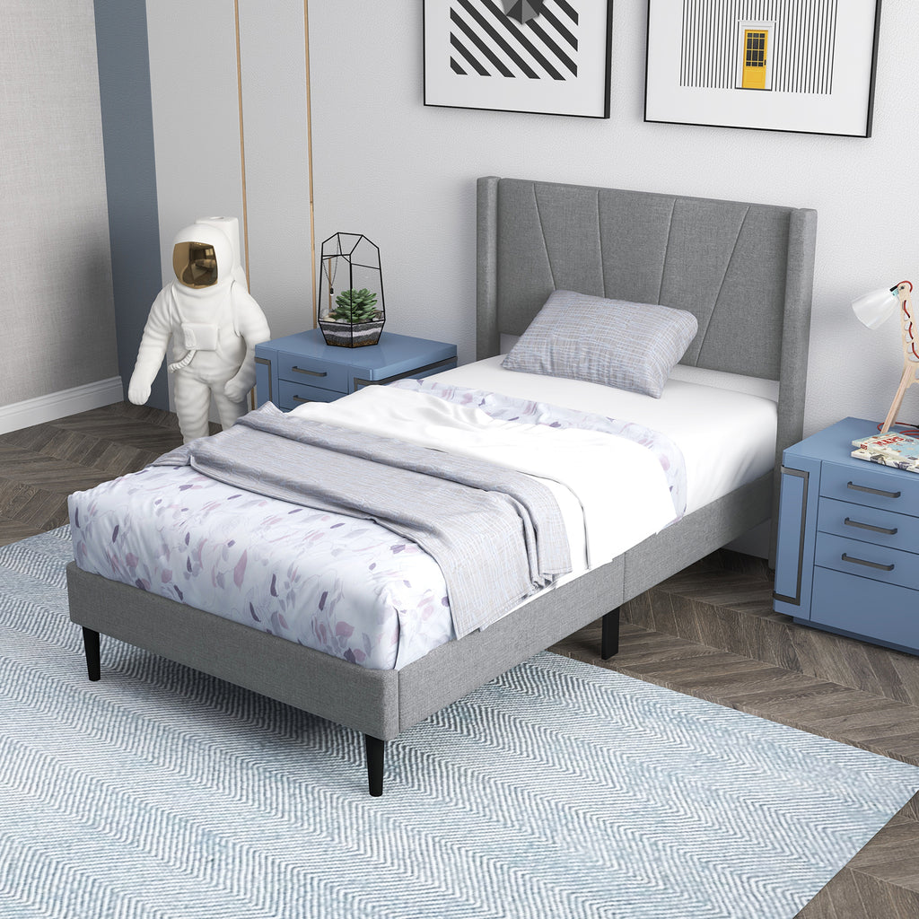 Twin Linen Upholstered Wingback Bed Frame with Storage