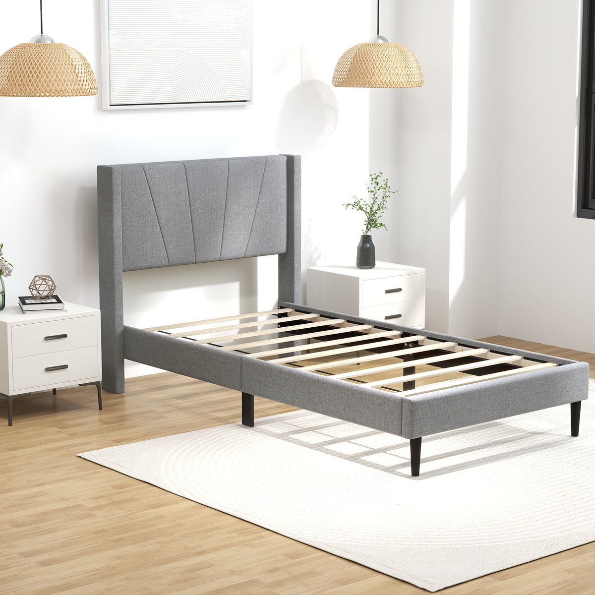 Twin Linen Upholstered Wingback Bed Frame with Storage