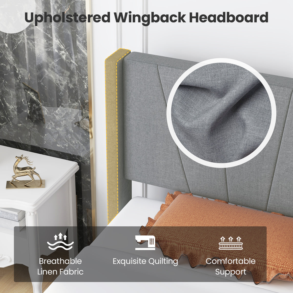 Twin Linen Upholstered Wingback Bed Frame with Storage