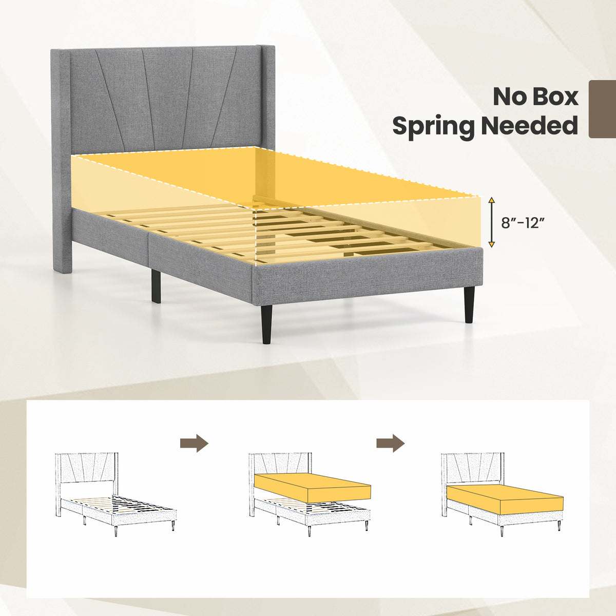 Twin Linen Upholstered Wingback Bed Frame with Storage