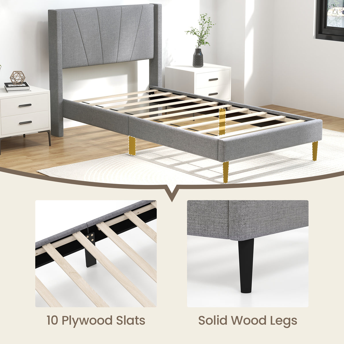 Twin Linen Upholstered Wingback Bed Frame with Storage