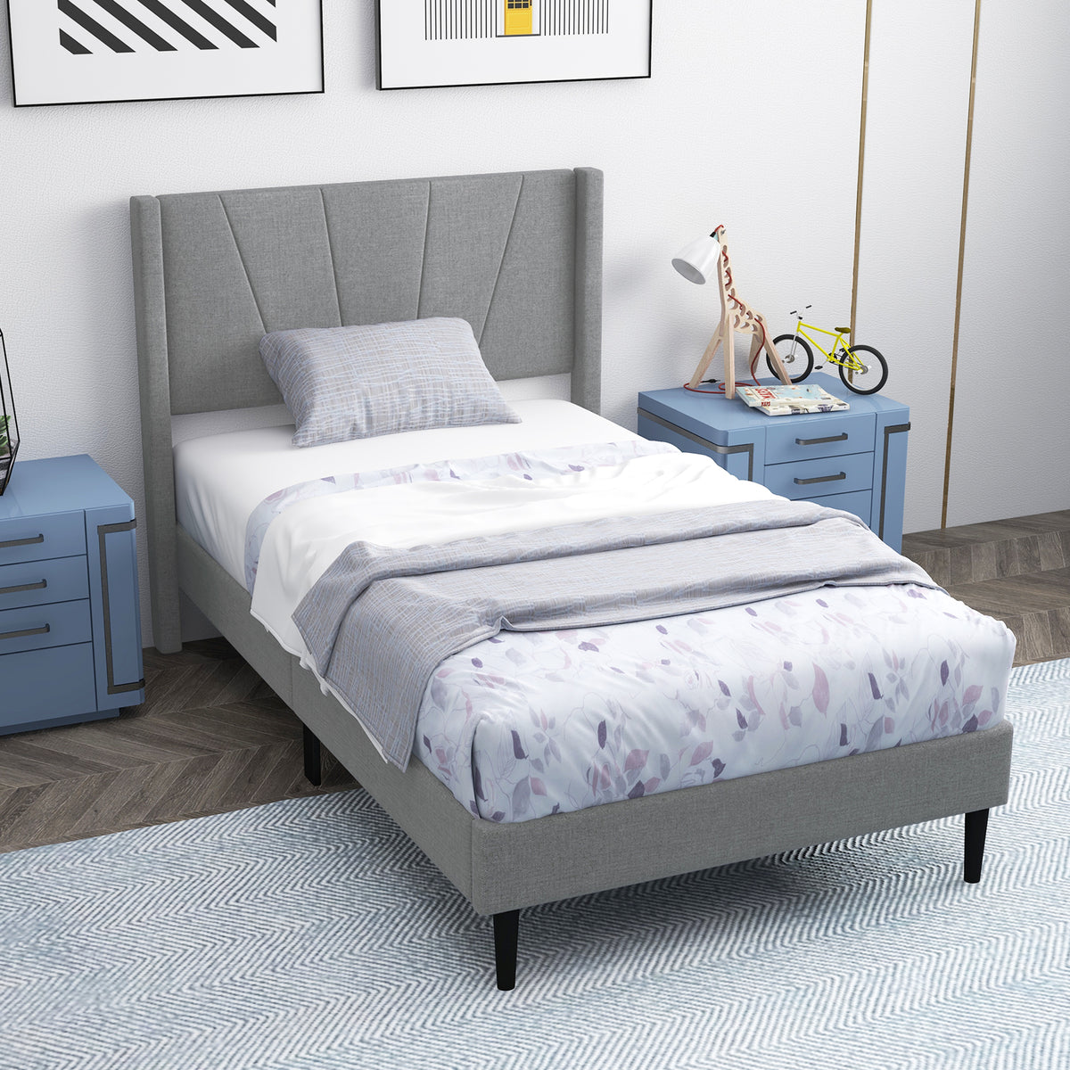 Twin Linen Upholstered Wingback Bed Frame with Storage
