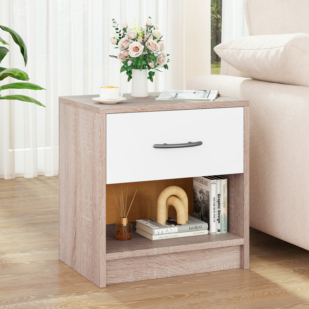 Bedside Table Nightstand with Drawer and Shelf – Natural & White