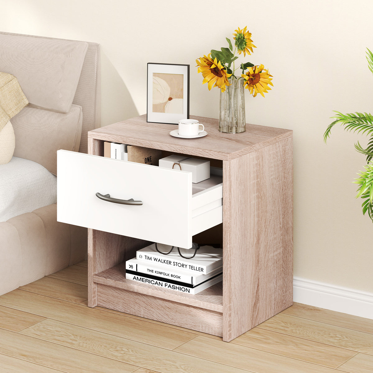 Bedside Table Nightstand with Drawer and Shelf – Natural & White