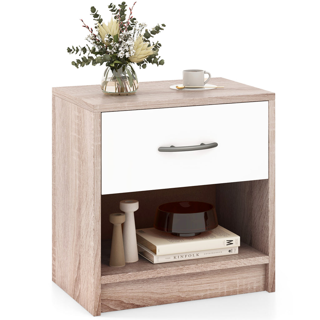 Bedside Table Nightstand with Drawer and Shelf – Natural & White