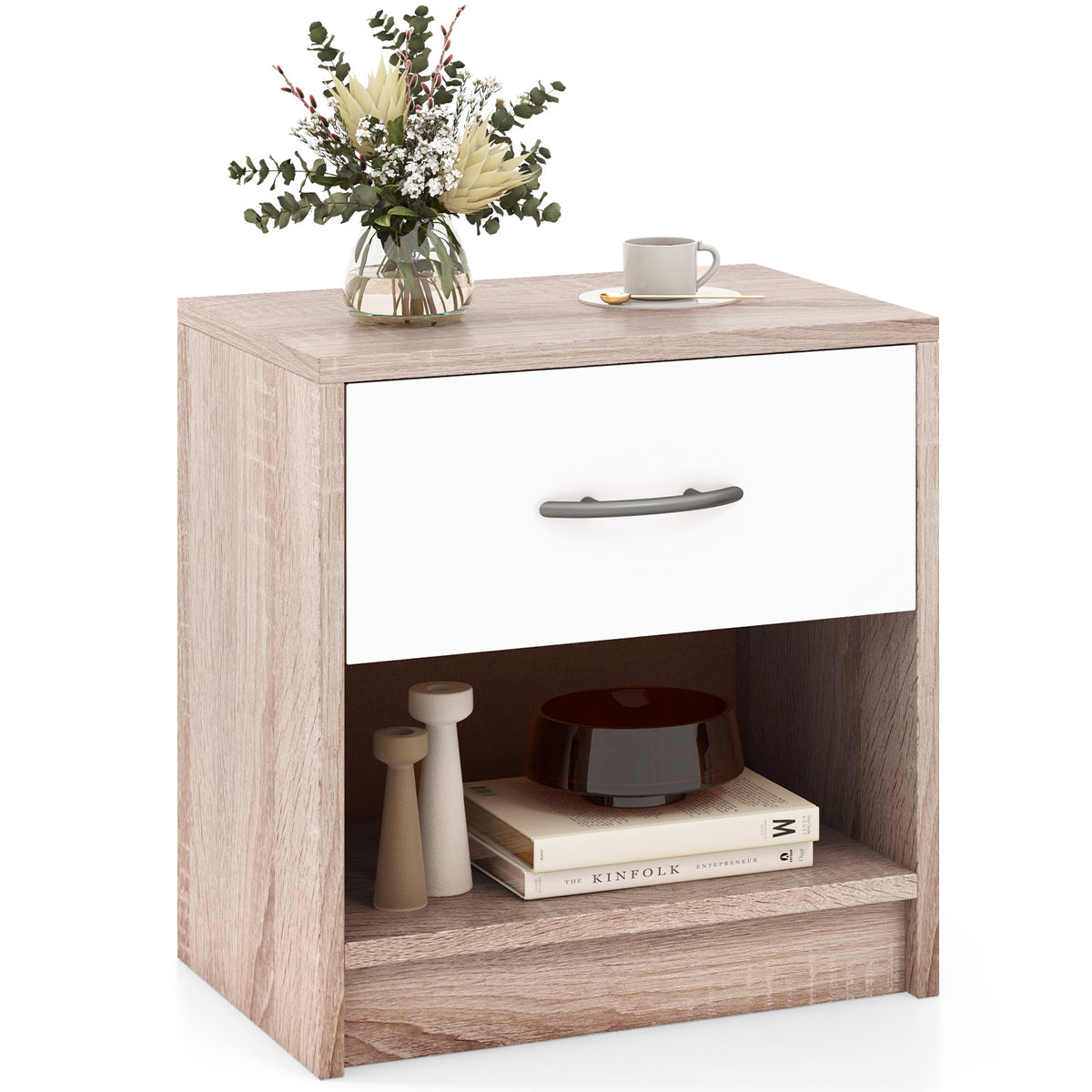 Bedside Table Nightstand with Drawer and Shelf – Natural & White
