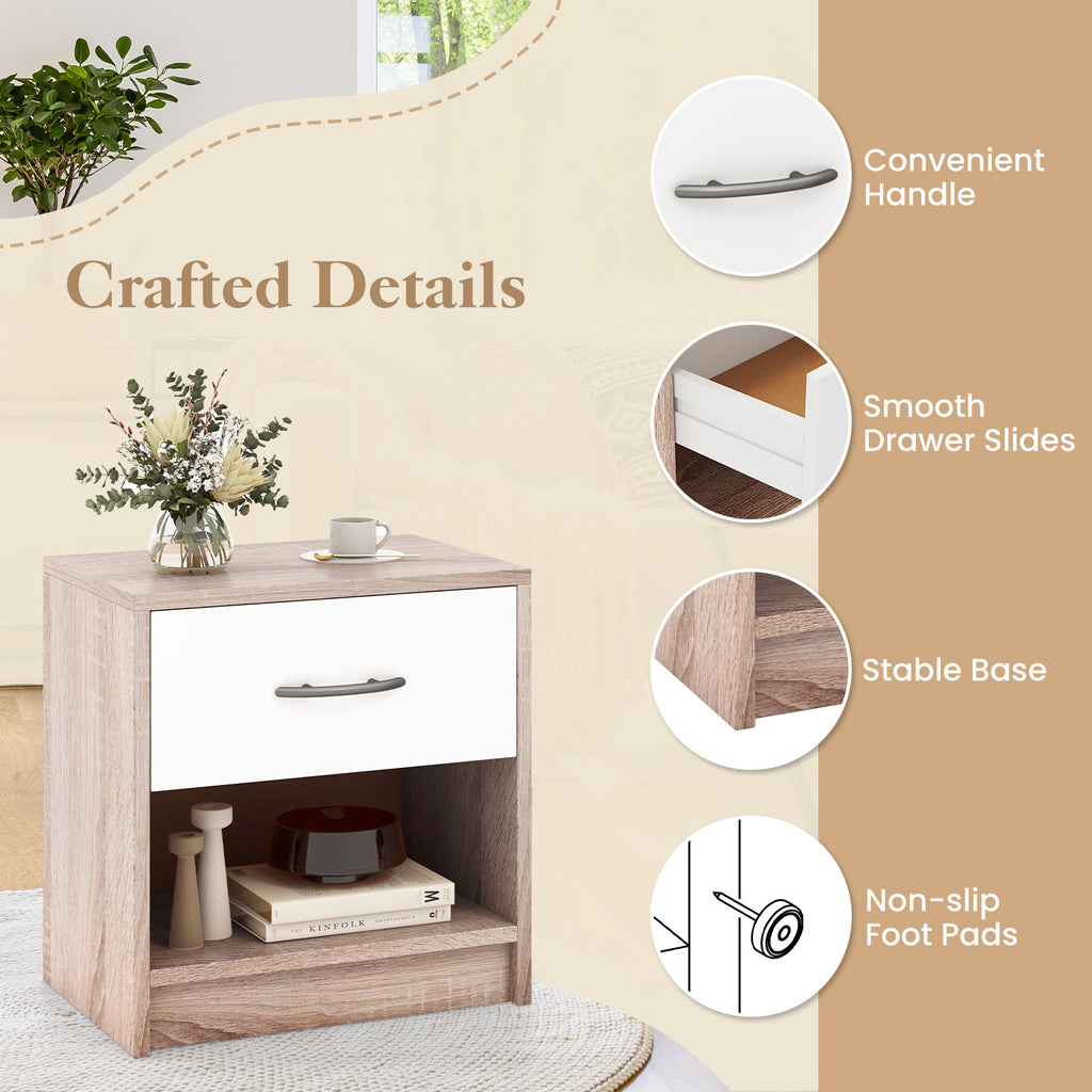 Bedside Table Nightstand with Drawer and Shelf – Natural & White