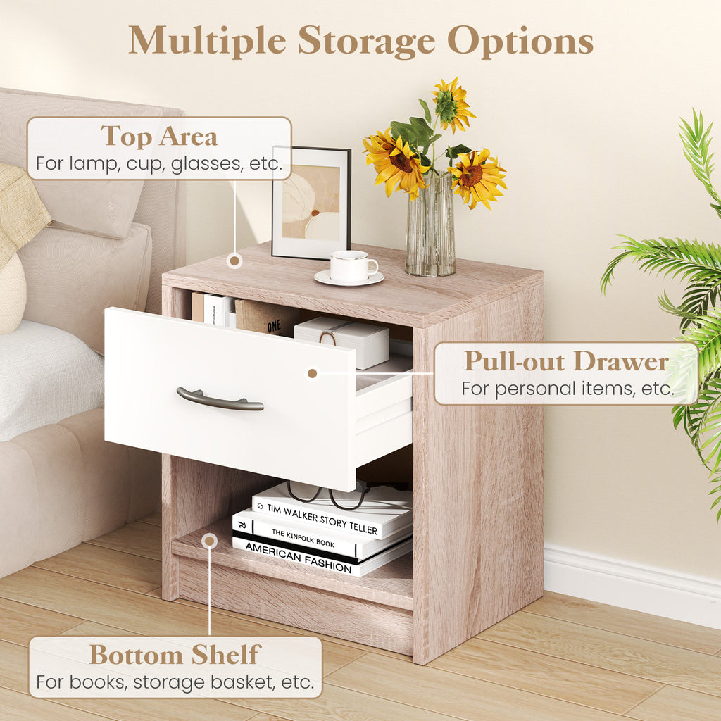 Bedside Table Nightstand with Drawer and Shelf – Natural & White