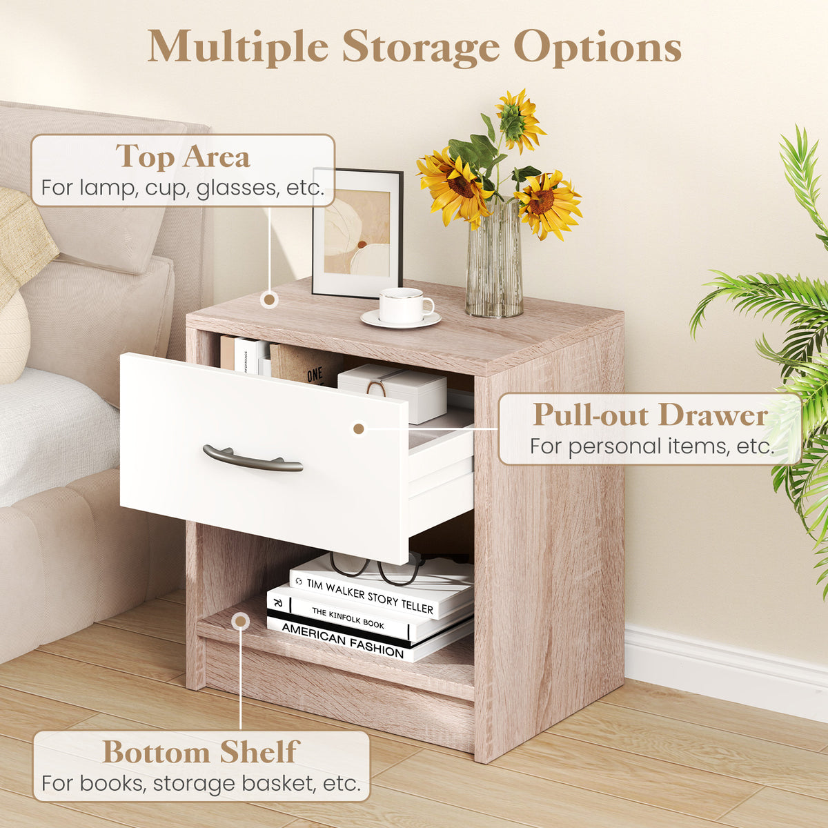 Bedside Table Nightstand with Drawer and Shelf – Natural & White