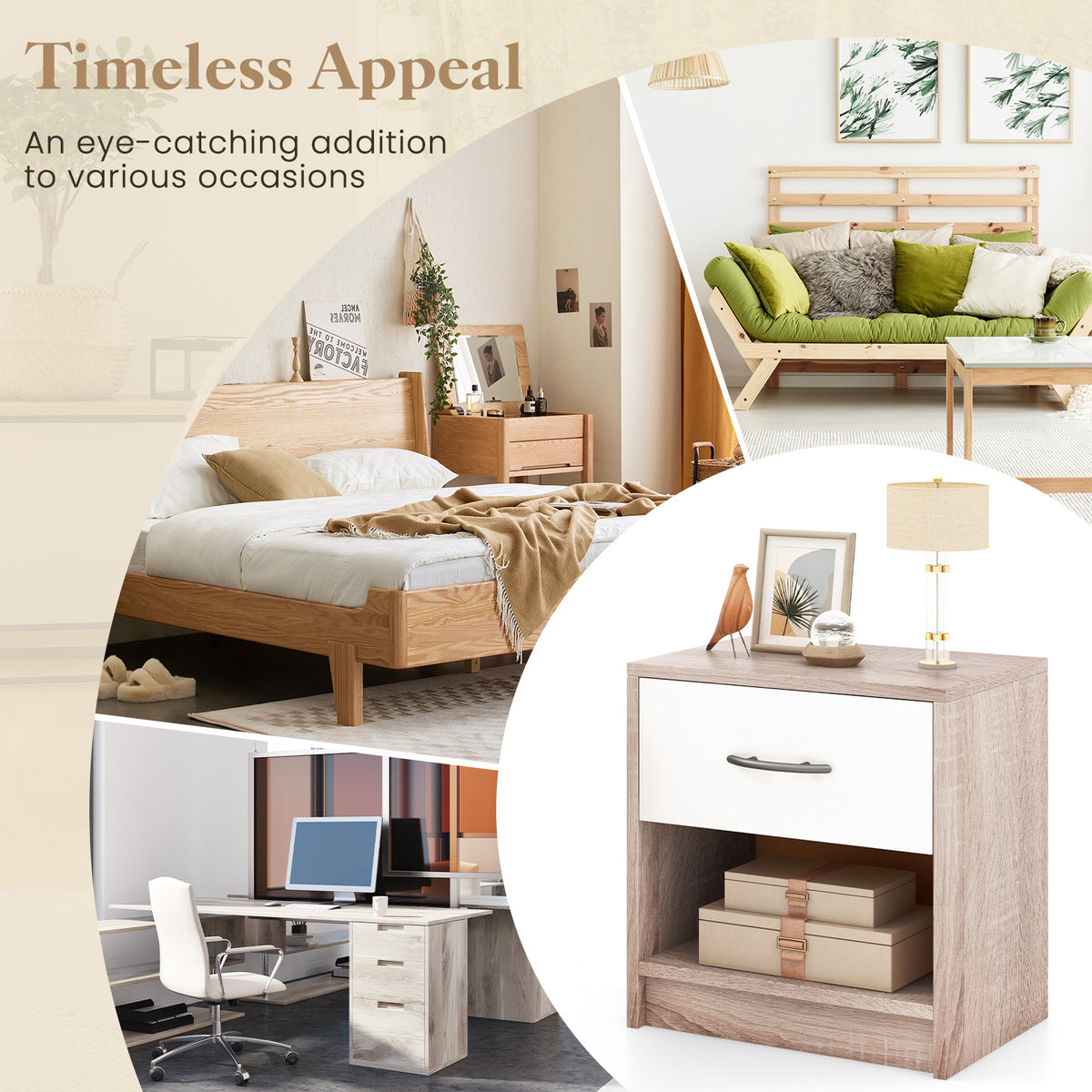 Bedside Table Nightstand with Drawer and Shelf – Natural & White