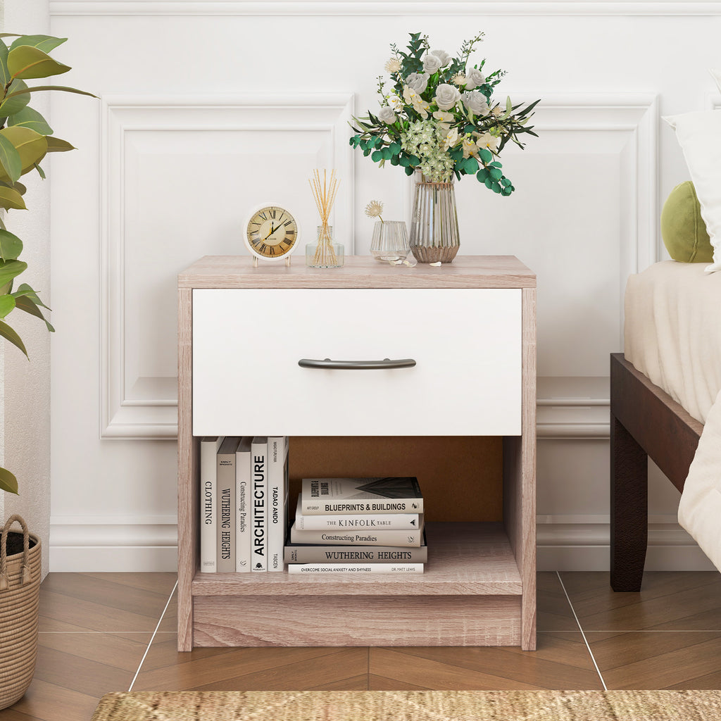 Bedside Table Nightstand with Drawer and Shelf – Natural & White