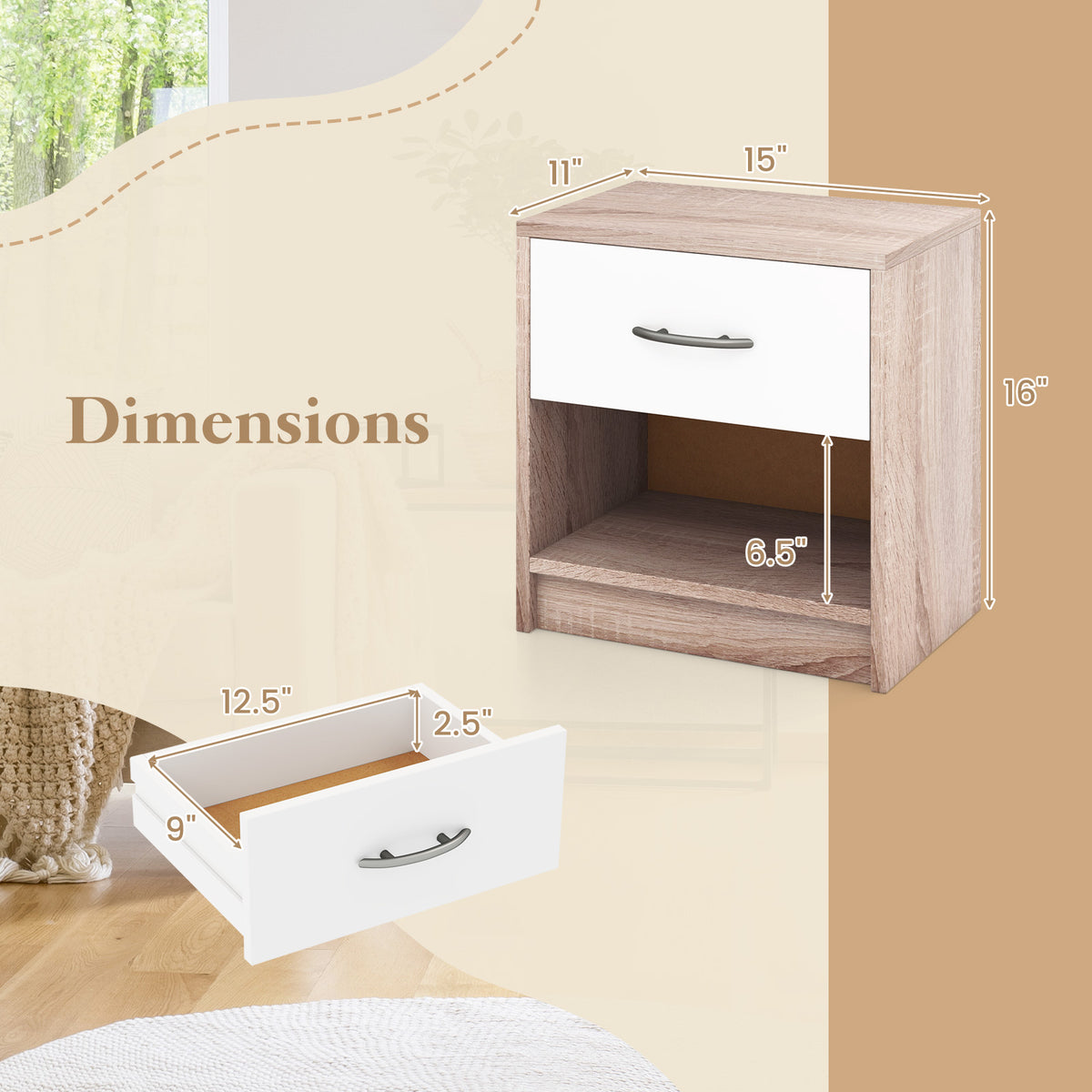 Bedside Table Nightstand with Drawer and Shelf – Natural & White