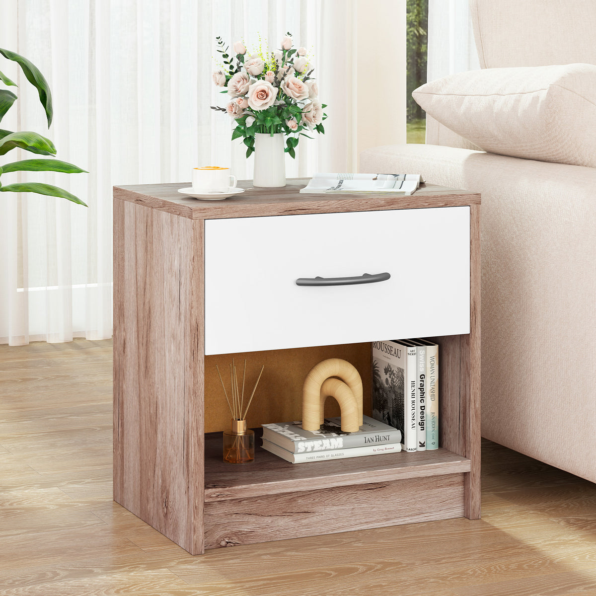 Bedside Table Nightstand with Drawer and Shelf – Oak