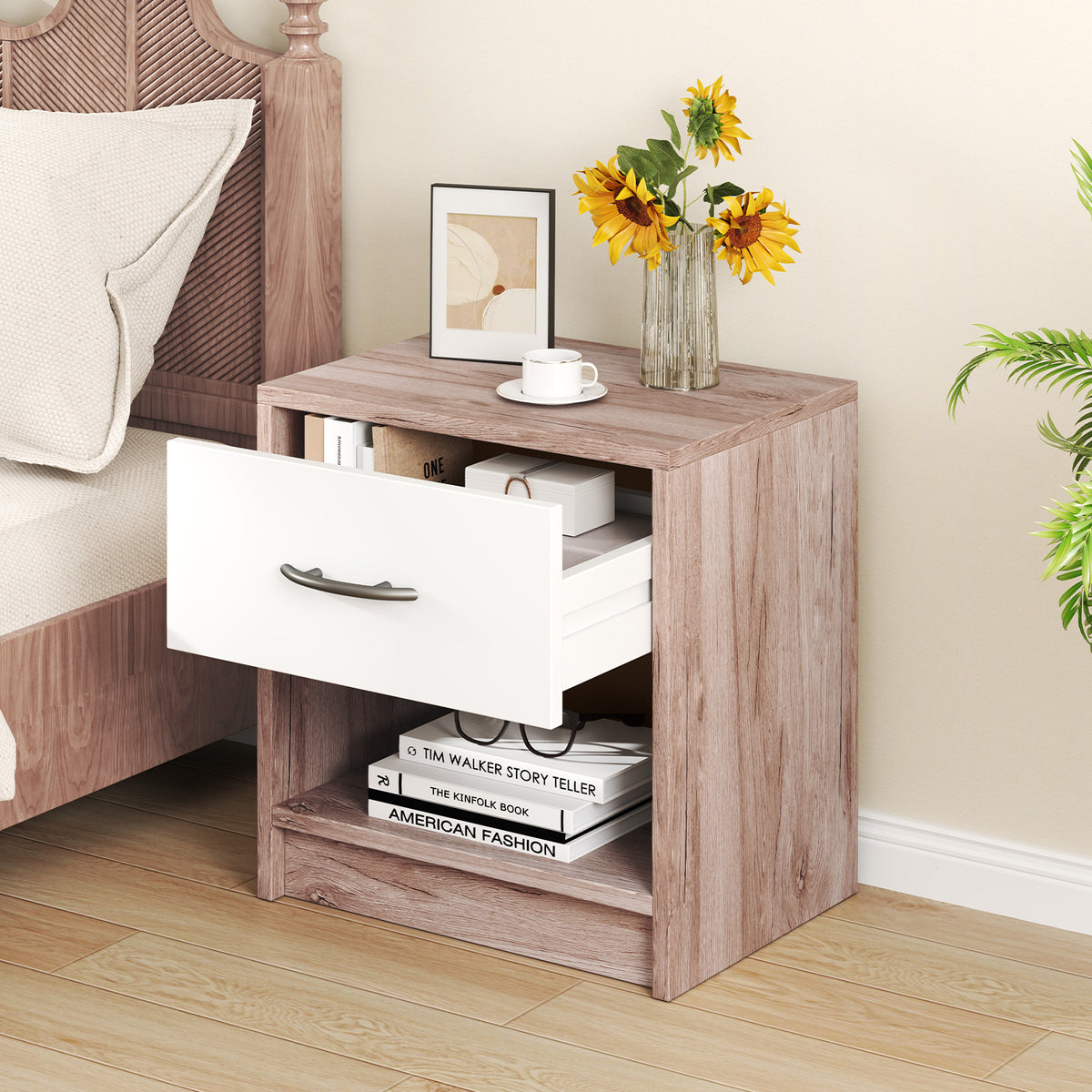 Bedside Table Nightstand with Drawer and Shelf – Oak