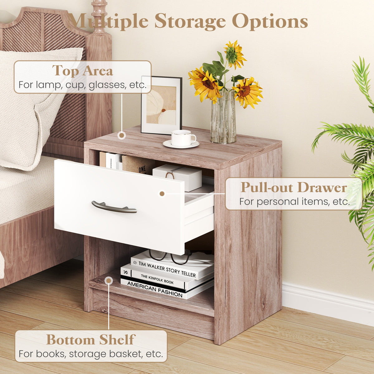 Bedside Table Nightstand with Drawer and Shelf – Oak